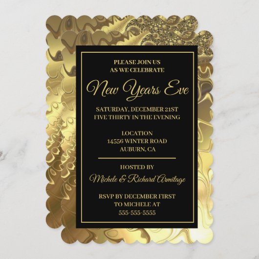 グラマラス金ゴールド新年招待状 招待状 (正面/裏面)