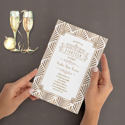 グラマラス金ゴールド素晴らしアールデコギャツビー18誕生日 招待状