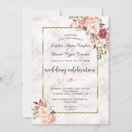 グラマラス金ゴールド赤面ピンクフローラマーブル結婚ズ 招待状