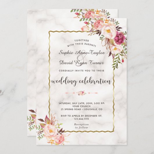 グラマラス金ゴールド赤面ピンクフローラマーブル結婚ズ 招待状 (正面/裏面)