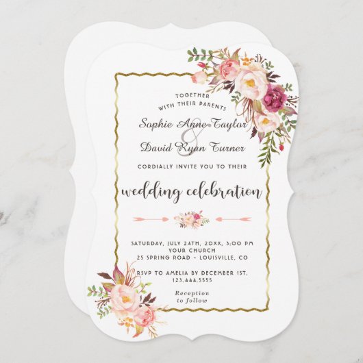 グラマラス金ゴールド赤面ピンク結婚フローラ 招待状 (正面/裏面)