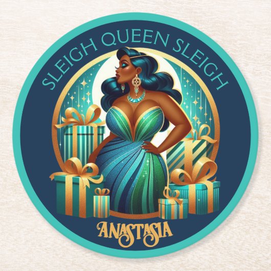 グラマラス黒人女性フェスティバルスタイリッシュクリスマス ラウンドペーパーコースター (正面)