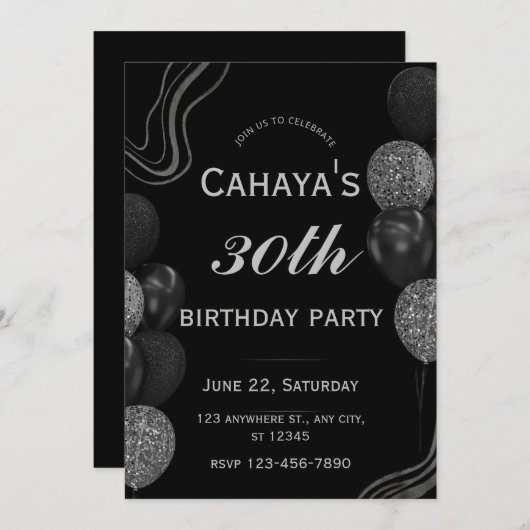 グラマラス30th誕生日ブラックシルバーグリジー 招待状 (正面/裏面)
