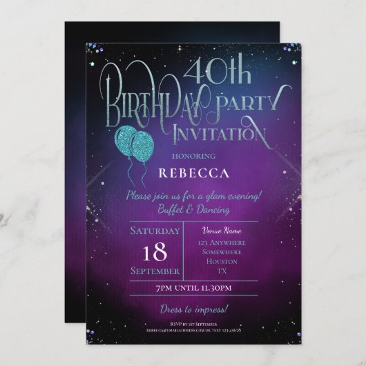 グラマラス40歳のバースデ華美ィースクリプト紫パーティー 招待状 (正面/裏面)