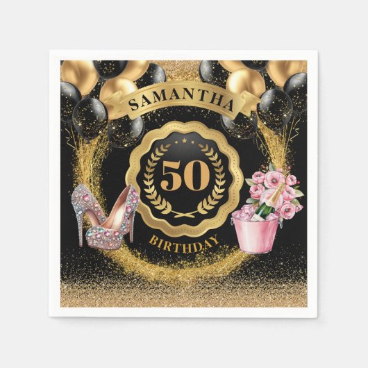 グラマラス50誕生日ナプキンス金ゴールドバルーン スタンダードカクテルナプキン (正面)