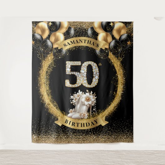 グラマラス50誕生日バナーダイヤモンドハイヒール タペストリー (正面)