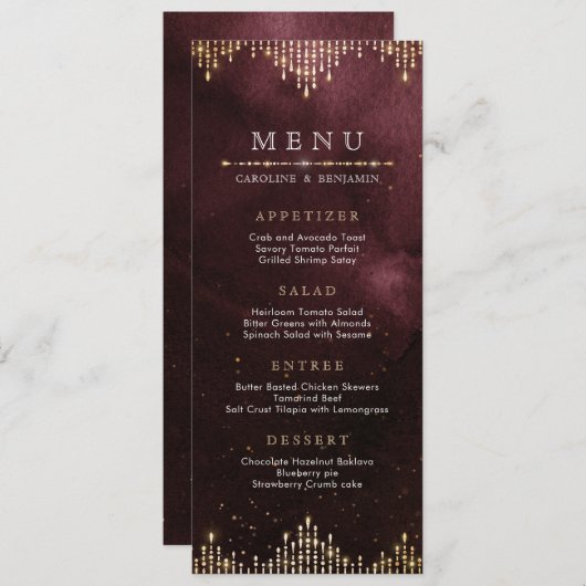 グラマラス アートデコ バーガンディ ヴィンテージ ウェディング メニュー (正面/裏面)