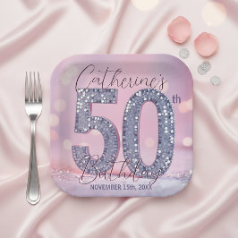 グラマラス ピンク シルバー スパンコール 50歳の誕生日パーティー ペーパープレート
