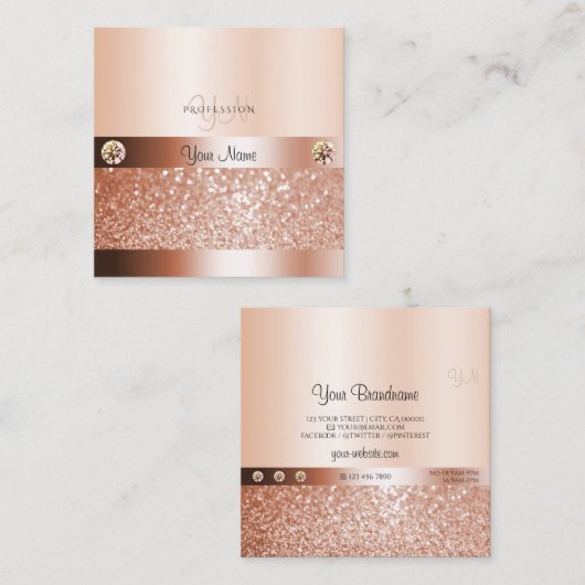 グラマラスRosegold Shimmeryグリッターwith Monogram スクエア名刺 (正面/裏面)