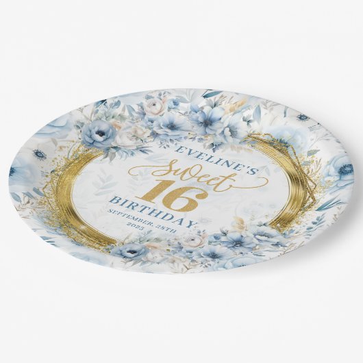 グラマラスSweet sixteenダスティーブルー金ゴールドプレート ペーパープレート (アングル)