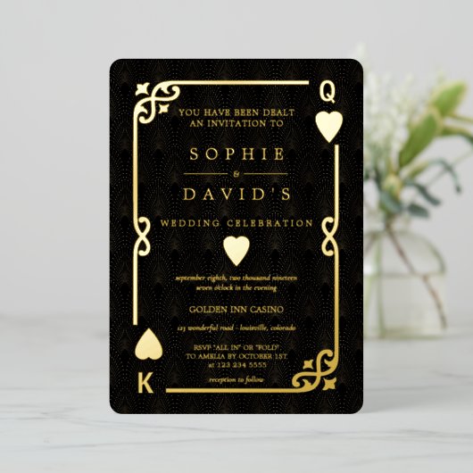 グラマリーカジノラスベガス結婚トランプのポーカー実在ズ 箔招待状 (立ち正面)