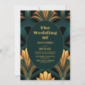 グラマリーグリーンと金ゴールド結婚アールデコ 招待状 (正面)