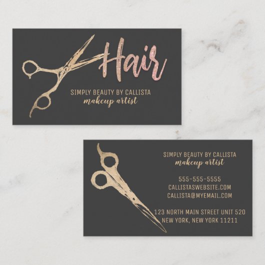 グラマリーゴールドフォイルグリッターハサミ美容師 名刺 (正面/裏面)
