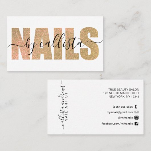 グラマリーシック金ゴールドグリッタータイポグラフィネイルアーティスト 名刺 (正面/裏面)