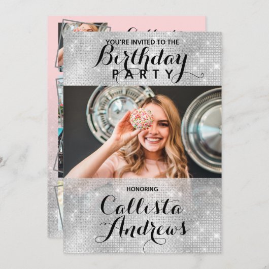 グラマリーシルバーグリッターシークンズフォト誕生日 招待状 (正面/裏面)