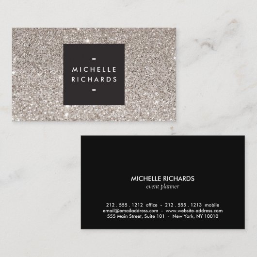 グラマリーシルバーグリッターモダン美しい 名刺 (正面/裏面)