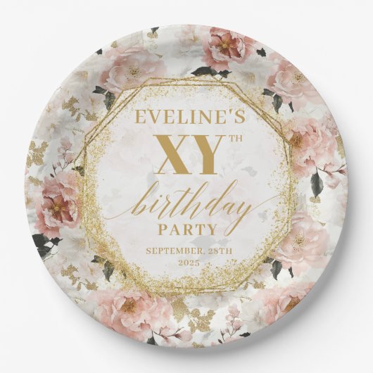 グラマリーダスティピンクフローラ誕生日紙プレート ペーパープレート (正面)