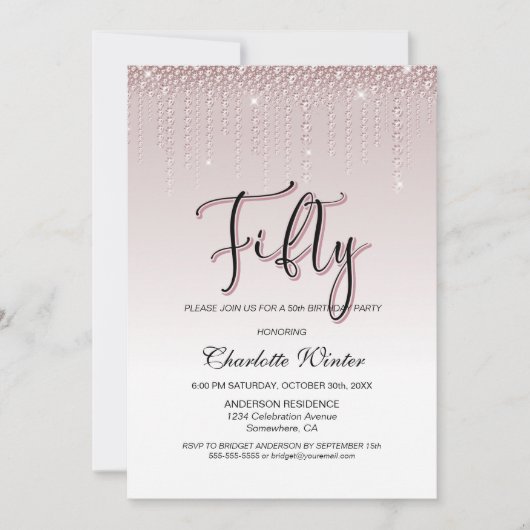 グラマリーダスティーバラピンクダイヤモンド50誕生日 招待状 (正面)