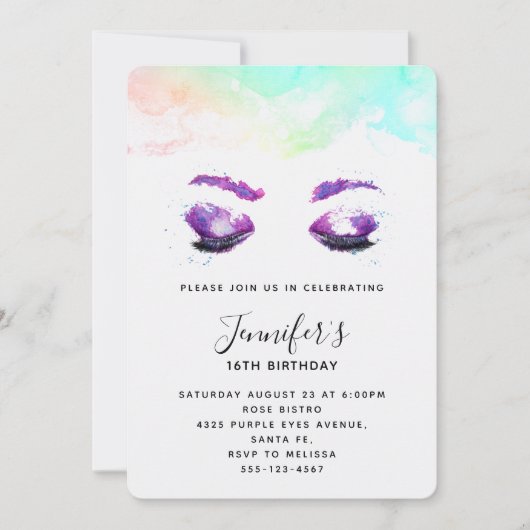 グラマリーパープルアイズ&ブローズウォーター誕生日 招待状 (正面)
