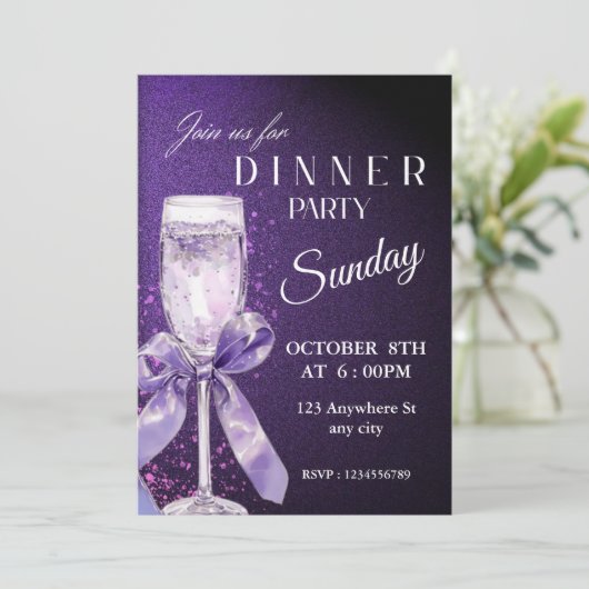 グラマリーパープルグリッターディナーパーティの招待状 招待状 (スタンド正面)