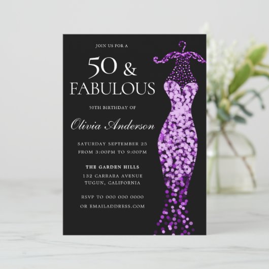 グラマリーパープルドレスファブラス50誕生日 招待状 (スタンド正面)
