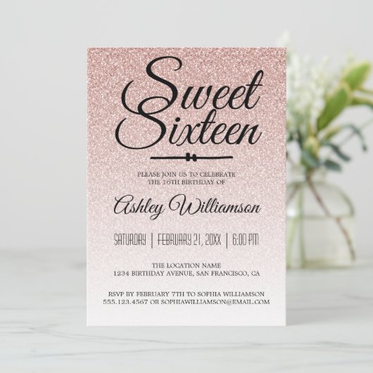 グラマリーピンクグリッターグラデーションスウィート16誕生日 招待状 (スタンド正面)