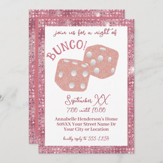 グラマリーピンクグリッターサイコロレディースバンコナイト 招待状 (正面/裏面)