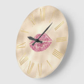 グラマリーピンクグリッターリップオンシャンパーニュ金ゴールド ラージ壁時計 (傾斜)