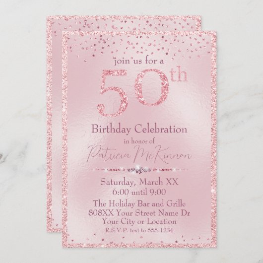 グラマリーピンクグリッター50誕生日 招待状 (正面/裏面)