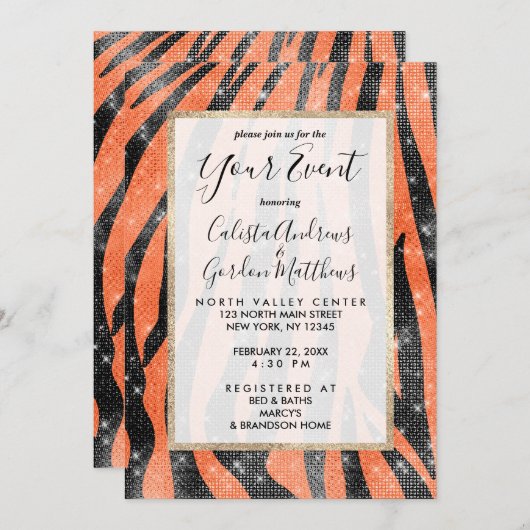 グラマリーブラックオレンジグリッターアニマルタイガーストライプ 招待状 (正面/裏面)