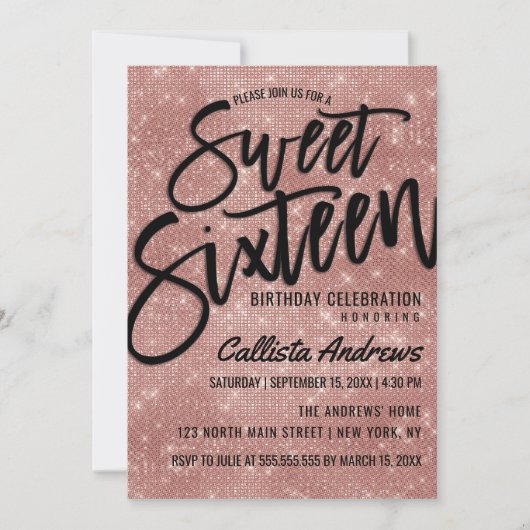 グラマリーブラックバラ金ゴールドグリッターシークインズスウィート16 招待状 (正面)