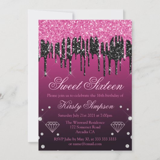グラマリーブラック&ピンクドリッピンググリッタースイーツ16 招待状 (正面)