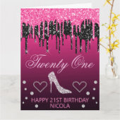 グラマリーブラック&ピンクドリッピンググリッター誕生日 カード (黄色い花)