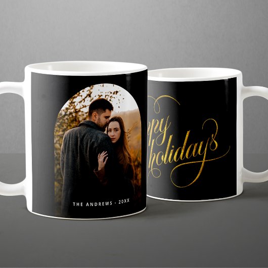 グラマリーブラック&金ゴールドグリッターホリデーアーチフォト コーヒーマグカップ