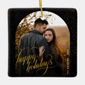 グラマリーブラック&金ゴールドグリッターホリデーアーチフォト セラミックオーナメント (正面)