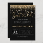 グラマリーブラック&金ゴールドハートスウィート60誕生日I 招待状 (正面/裏面)