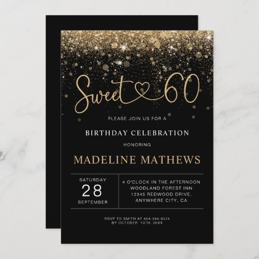 グラマリーブラック&金ゴールドハートスウィート60誕生日I 招待状 (正面/裏面)