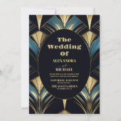 グラマリーブルーと金ゴールド結婚アールデコ 招待状 (正面)