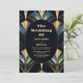 グラマリーブルーと金ゴールド結婚アールデコ 招待状 (スタンド正面)