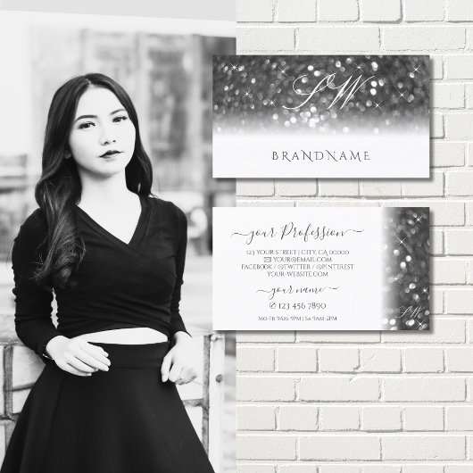 グラマリーホワイトシルバーきらめくグリッターモノグラム 名刺