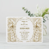 グラマリーホワイト金ゴールドアールデコピーコックシニアプロム 招待状 (スタンド正面)