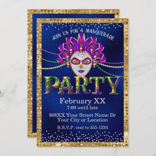 グラマリーマスカレードマルディグラスパーティー 招待状 (正面/裏面)