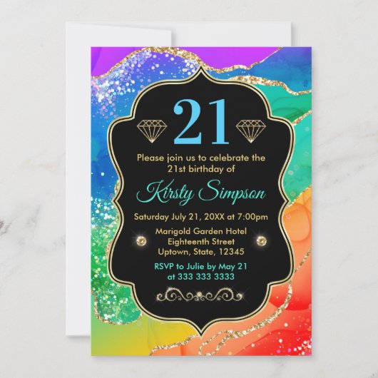 グラマリーレインボーアルコールインクアゲート誕生日 招待状 (正面)