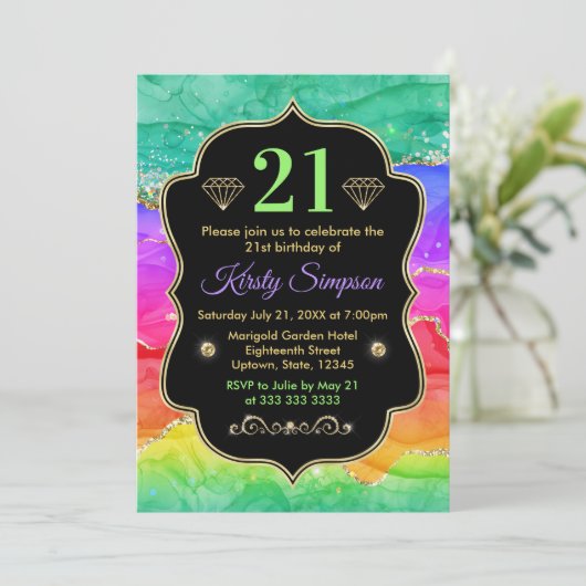 グラマリーレインボーアルコールインクアゲート誕生日 招待状 (スタンド正面)