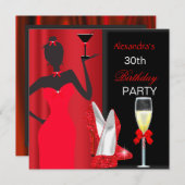 グラマリーレッドハイヒールバースデーパーティーガール 招待状 (正面/裏面)