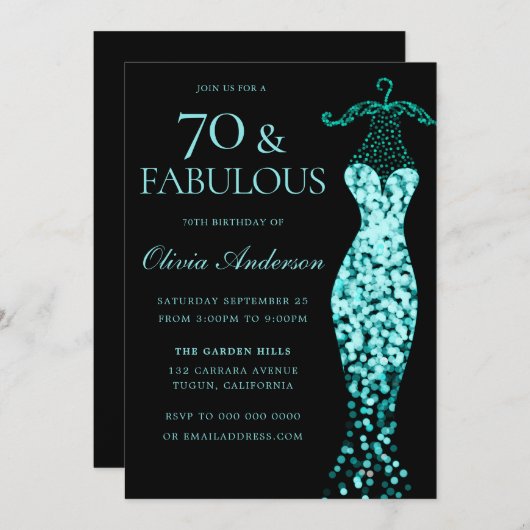 グラマローミントティール（緑がかった色）ドレスファブラス70誕生日 招待状 (正面/裏面)
