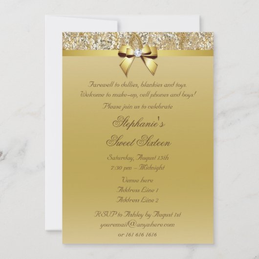 グラマーなスイート16フェイク金ゴールドシーケンスとボウ 招待状 (裏面)