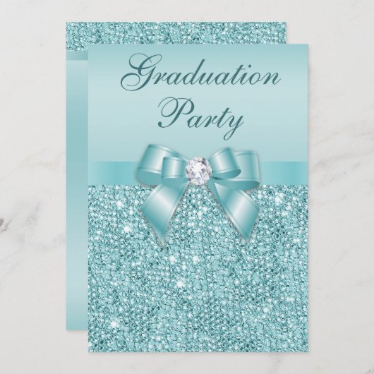 グラマーなティール（緑がかった色）宝石が女の子に弓を引く卒業パーティー 招待状 (正面/裏面)