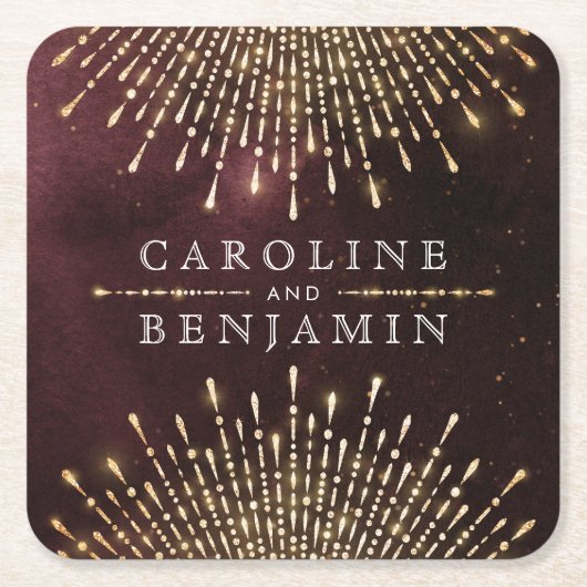 グラマーアールデコブルガンディヴィンテージ結婚式 スクエアペーパーコースター (正面)