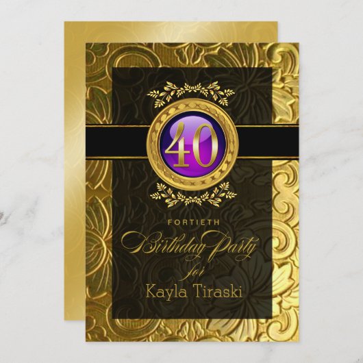 グラマーエレガントエンボス40歳の誕生日 招待状 (正面/裏面)